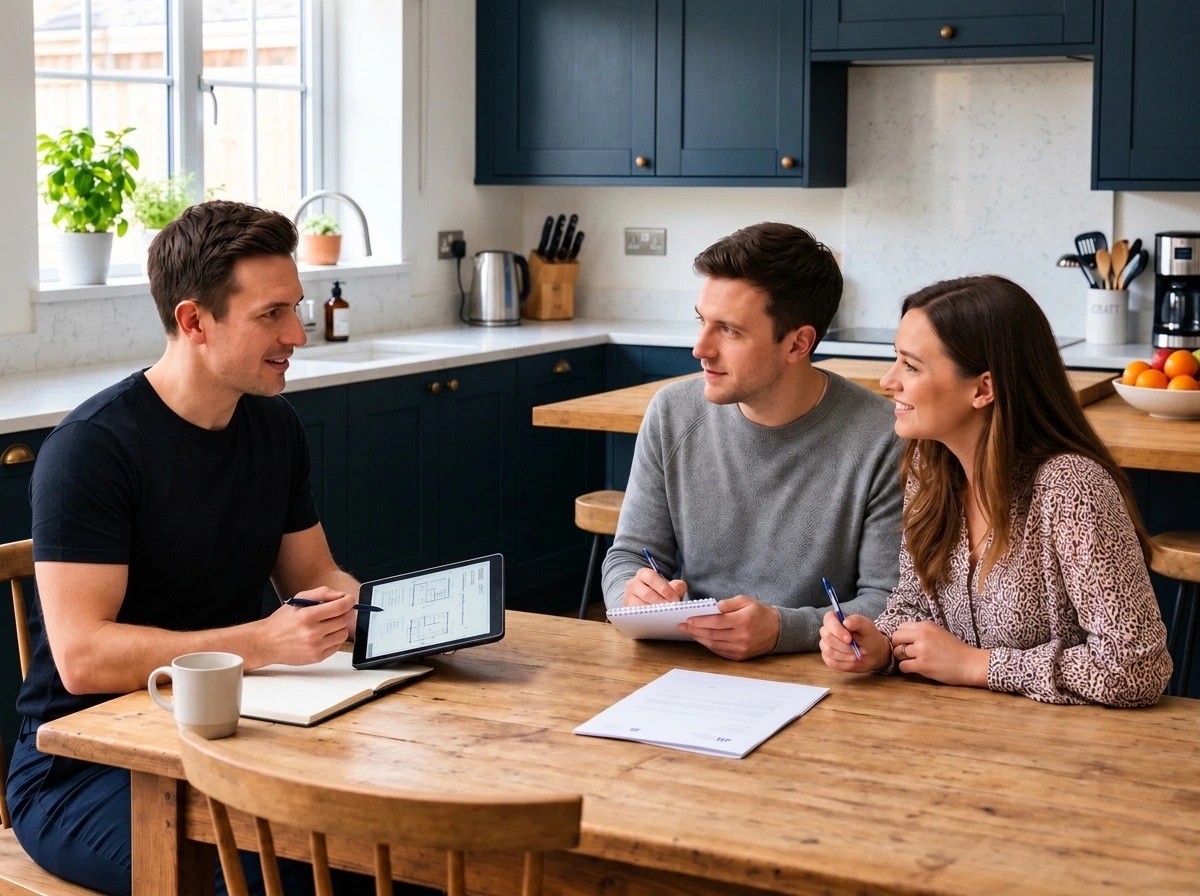 A designer going over plans with a couple at their kitchen table