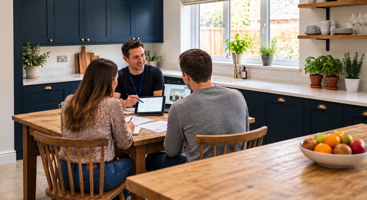 A designer going over plans with a couple at their kitchen table