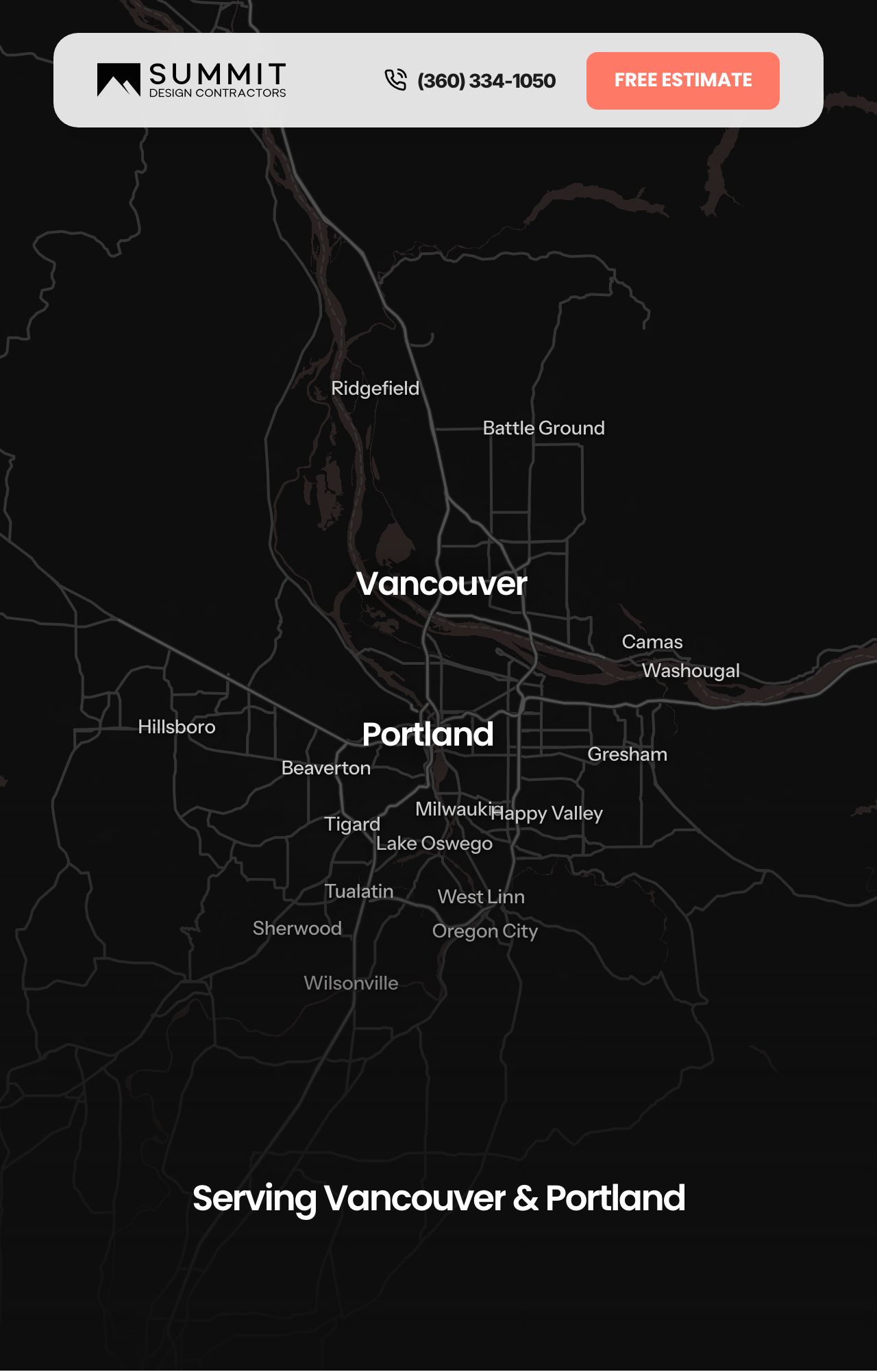 Map of Summit Design Contractors service areas across the Vancouver and Portland metro: Portland, Beaverton, Hillsboro, Lake Oswego, Tigard, Gresham, Vancouver, Camas, Washougal, Battle Ground, Ridgefield and surrounding cities